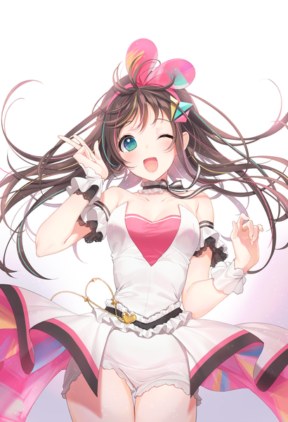 Anime picture 3000x4385 with virtual youtuber a.i. channel kizuna ai kizuna ai (anniversary) a20 (atsumaru) single long hair tall image looking at viewer blush fringe highres breasts open mouth blue eyes simple background smile brown hair standing bare shoulders