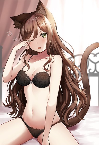 Anime picture 1671x2429 with bang dream! imai lisa mia (fai1510) single long hair tall image looking at viewer blush fringe breasts open mouth light erotic brown hair sitting green eyes animal ears indoors tail animal tail one eye closed