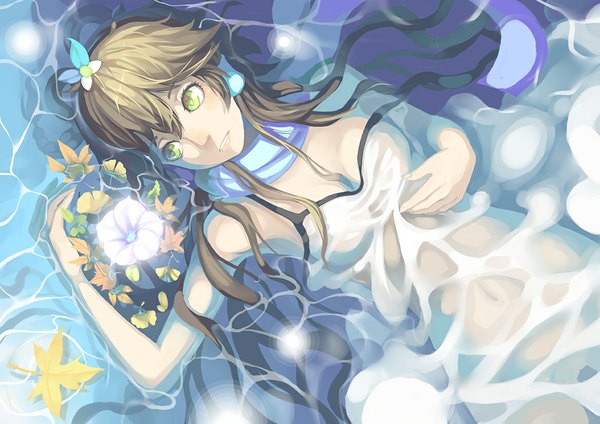 Anime picture 1169x827 with vocaloid vocaloid china luo tianyi madyy single long hair brown hair green eyes girl dress flower (flowers) water scarf leaf (leaves)