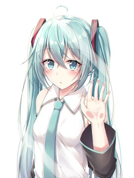 Anime picture 800x1067 with vocaloid hatsune miku akira (been0328) single long hair tall image looking at viewer blush fringe open mouth simple background hair between eyes standing white background twintails bare shoulders payot upper body ahoge aqua eyes