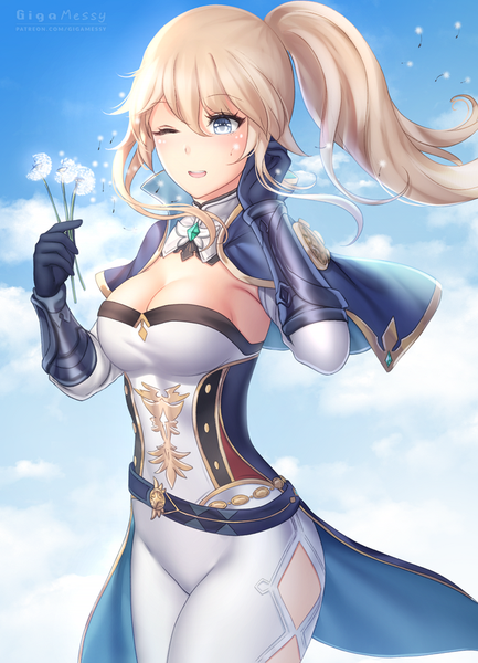 Anime picture 722x1000 with genshin impact jean gunnhildr gigamessy single long hair tall image blush fringe breasts open mouth blue eyes light erotic blonde hair smile hair between eyes large breasts standing holding signed payot
