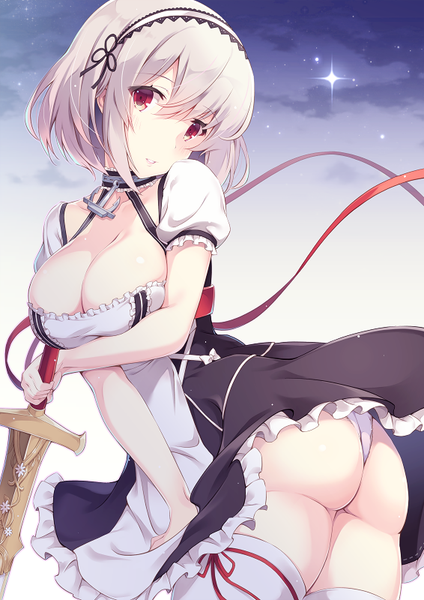 Anime picture 566x800 with azur lane sirius (azur lane) furumiya haiji single tall image blush fringe short hair breasts light erotic hair between eyes red eyes large breasts holding payot looking away sky silver hair cloud (clouds) ass