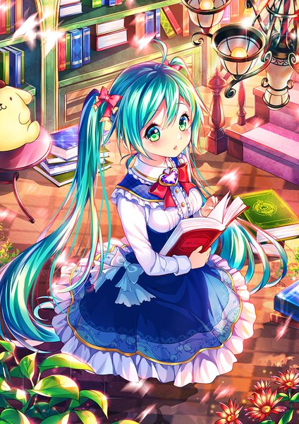 Anime picture 800x1132 with vocaloid sanrio hatsune miku pompompurin p@nda single long hair tall image looking at viewer fringe hair between eyes twintails green eyes ahoge from above aqua hair sparkle girl bow hair bow