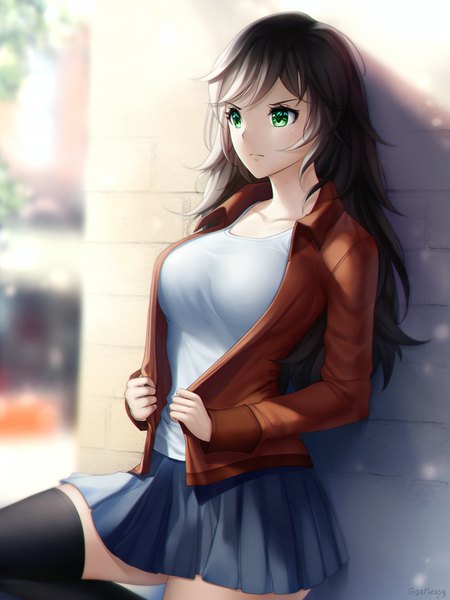 Anime picture 750x1000 with original gigamessy single long hair tall image fringe breasts brown hair large breasts standing green eyes signed looking away bent knee (knees) outdoors pleated skirt open jacket shadow depth of field standing on one leg