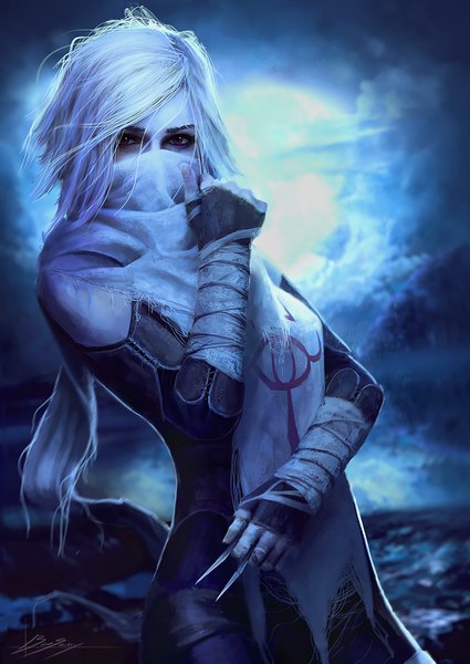 Anime picture 669x944 with the legend of zelda nintendo sheik ben savory single long hair tall image looking at viewer fringe red eyes holding signed cloud (clouds) outdoors white hair long sleeves realistic night night sky covered mouth