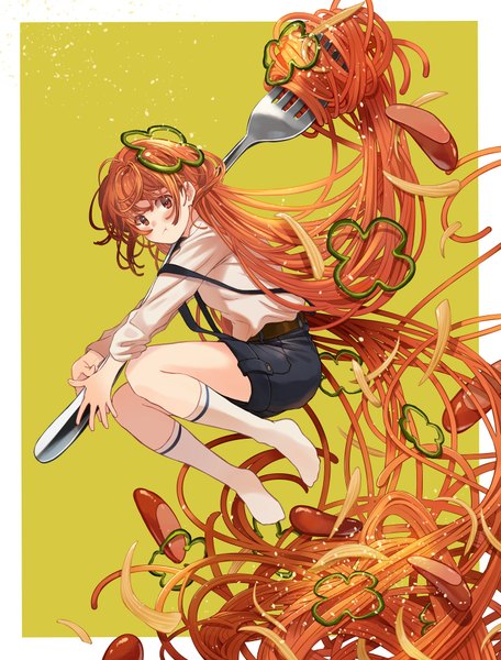 Anime picture 1447x1902 with original nanaminn single tall image looking at viewer fringe simple background hair between eyes holding brown eyes full body long sleeves very long hair orange hair no shoes border jumping :t minigirl personification