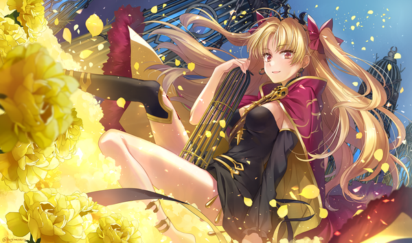 Anime picture 1500x884 with fate (series) fate/grand order ereshkigal (fate) hagiwara rin single long hair blonde hair red eyes wide image looking away wind from below two side up girl flower (flowers) bow hair bow detached sleeves earrings petals