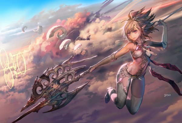 Anime picture 1020x689 with original umiu geso single fringe short hair breasts light erotic brown hair holding signed looking away sky cloud (clouds) bent knee (knees) outdoors parted lips pink eyes arm up pointy ears midriff