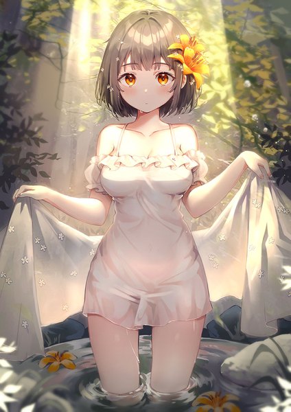 Anime picture 870x1230 with original rangu single tall image looking at viewer blush fringe short hair breasts light erotic brown hair standing bare shoulders holding cleavage outdoors hair flower sunlight off shoulder wet