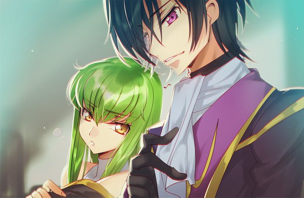 Anime picture 997x650 with code geass sunrise (studio) c.c. lelouch lamperouge creayus long hair fringe short hair black hair hair between eyes purple eyes bare shoulders yellow eyes looking away ahoge upper body parted lips head tilt green hair couple