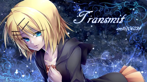 Anime picture 1600x900 with vocaloid transmit (vocaloid) kagamine rin ueno tsuki single short hair blue eyes blonde hair wide image girl dress hair ornament bobby pin