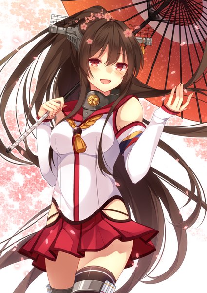 Anime picture 800x1130 with kantai collection yamato super battleship shiromikan nagisa3710 single long hair tall image blush open mouth black hair red eyes bare shoulders ponytail girl hair ornament flower (flowers) detached sleeves petals umbrella