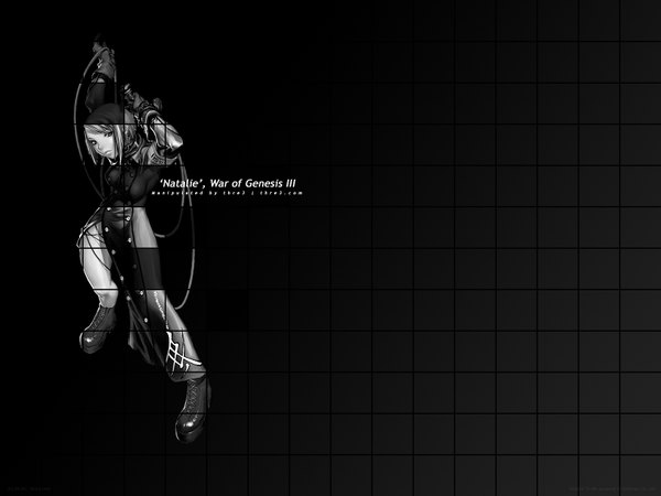 Anime picture 1600x1200 with war of genesis 3 natalie (war of genesis) single short hair black background monochrome gloves boots wire (wires)