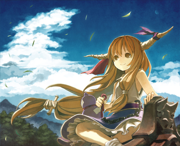 Anime picture 1102x896 with touhou ibuki suika kitsune (kazenouta) single long hair blonde hair smile sitting bare shoulders brown eyes sky cloud (clouds) horn (horns) wind girl chain roof gourd