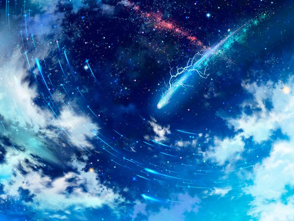 Anime picture 1024x768 with original iy (tsujiki) sky cloud (clouds) wallpaper night sky no people space shooting star star (stars) meteorite