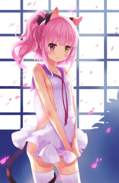Anime picture 1819x2798 with original miu (pixiv4149478) single long hair tall image blush highres light erotic animal ears pink hair tail animal tail cat ears cat girl cat tail heterochromia girl thighhighs dress petals