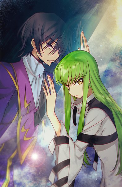 Anime picture 600x912 with code geass sunrise (studio) c.c. lelouch lamperouge creayus long hair tall image looking at viewer fringe short hair black hair purple eyes yellow eyes payot upper body long sleeves profile green hair wide sleeves girl