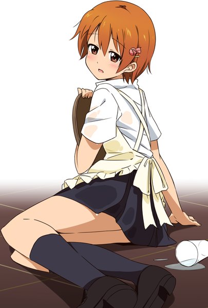Anime picture 1181x1748 with working!! a-1 pictures inami mahiru mousou (mousou temporary) tall image blush short hair open mouth looking back orange hair orange eyes waitress spill girl skirt hair ornament miniskirt socks black socks apron