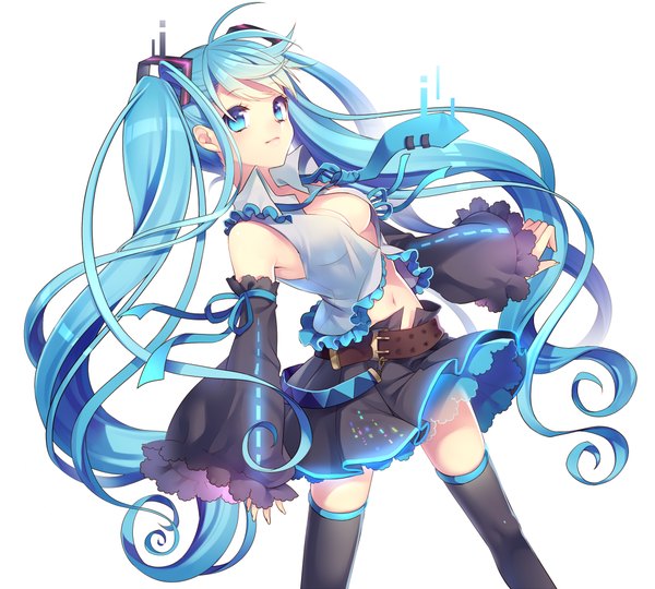 Anime picture 1000x900 with vocaloid hatsune miku single breasts light erotic simple background white background twintails very long hair aqua eyes aqua hair girl skirt navel detached sleeves belt
