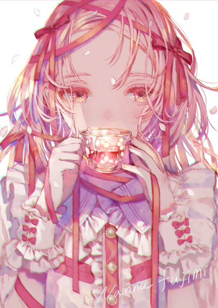 Anime picture 1059x1500 with original 778-go single long hair tall image simple background red eyes white background pink hair upper body shaded face drinking girl ribbon (ribbons) petals wrist cuffs cup teacup
