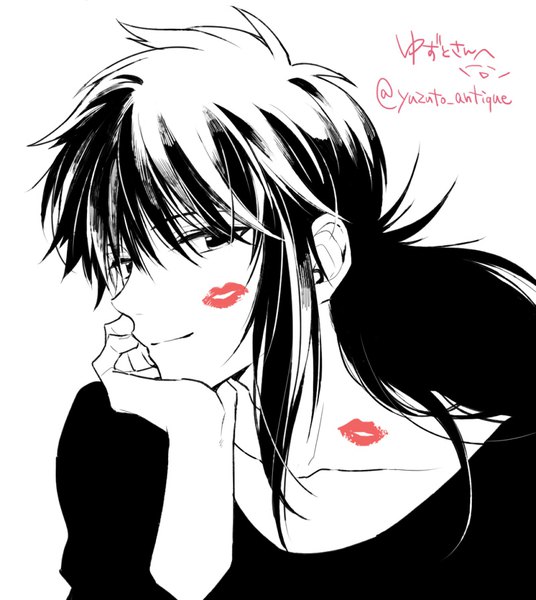 Anime picture 800x895 with yu yu hakusho kurama hoyano single long hair tall image looking at viewer simple background white background light smile monochrome chin rest spot color lipstick mark boy