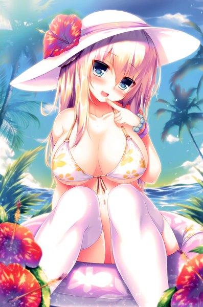 Anime picture 2969x4487 with original syroh single long hair tall image looking at viewer blush fringe highres breasts open mouth blue eyes light erotic blonde hair hair between eyes large breasts sitting sky cloud (clouds) outdoors