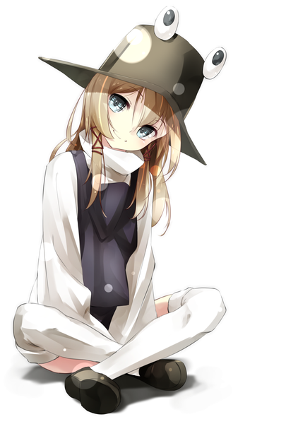 Anime picture 1014x1500 with touhou moriya suwako gorilla (bun0615) single long hair tall image looking at viewer fringe blue eyes simple background blonde hair smile hair between eyes white background sitting full body head tilt indian style girl thighhighs