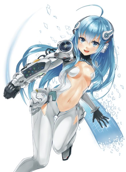 Anime picture 1115x1520 with original heirou single long hair tall image breasts open mouth light erotic simple background white background ahoge aqua hair girl navel headphones bodysuit