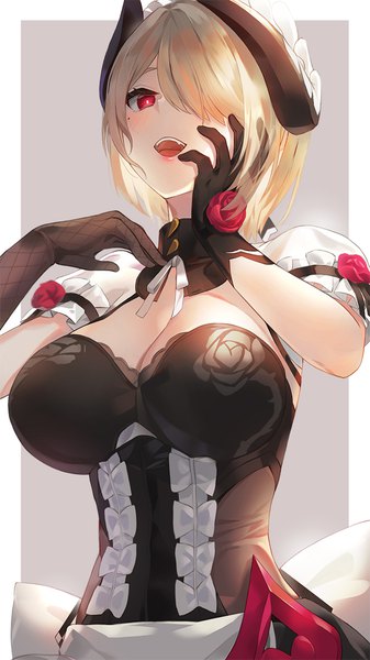 Anime picture 663x1180 with honkai impact 3rd honkai (series) rita rossweisse rita rossweisse (umbral rose) kfr single tall image looking at viewer blush fringe short hair breasts open mouth light erotic simple background blonde hair red eyes large breasts cleavage upper body