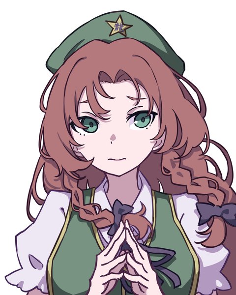 Anime picture 2806x3508 with touhou hong meiling kame (kamepan44231) single long hair tall image highres simple background brown hair white background green eyes looking away upper body braid (braids) puffy sleeves twin braids fingers together girl beret