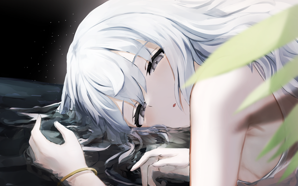 Anime picture 8000x5000 with original nu (naoyahirota61217010) single long hair looking at viewer blush fringe highres open mouth hair between eyes bare shoulders absurdres upper body white hair lying blurry grey eyes partially submerged on stomach girl