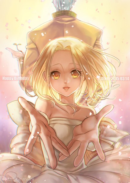 Anime picture 800x1130 with nanatsu no taizai a-1 pictures ban (nanatsu no taizai) elaine (nanatsu no taizai) karanashi mari long hair tall image looking at viewer fringe short hair breasts open mouth simple background blonde hair smile standing bare shoulders signed yellow eyes silver hair