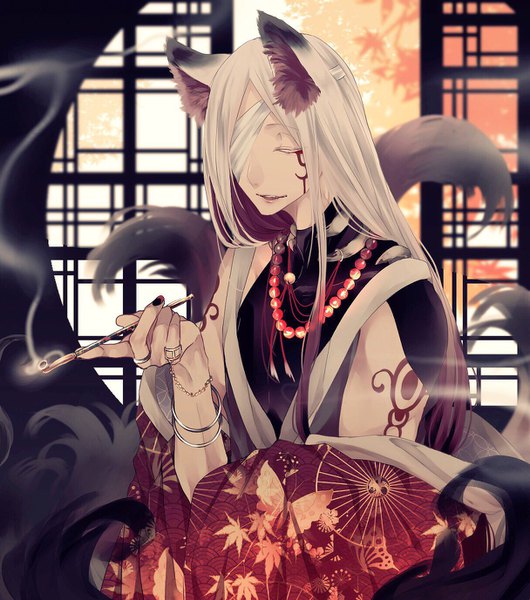 Anime picture 1216x1378 with original kwu zabeo0125 single long hair tall image open mouth holding animal ears white hair tail eyes closed nail polish animal tail tattoo sleeveless fox ears facial mark fox tail smoke