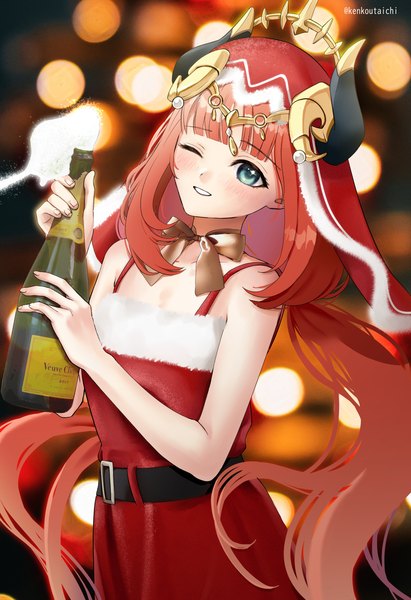 Anime picture 1353x1973 with genshin impact nilou (genshin impact) kenkoutaichi single long hair tall image looking at viewer blush fringe smile standing twintails bare shoulders holding signed red hair blunt bangs parted lips one eye closed horn (horns)
