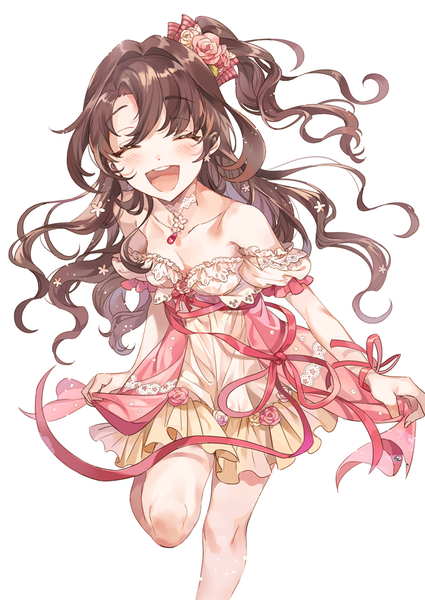 Anime picture 700x988 with idolmaster idolmaster cinderella girls shimamura uzuki inzup single long hair tall image blush open mouth simple background brown hair white background bent knee (knees) eyes closed one side up happy ^ ^ peaceful days girl dress