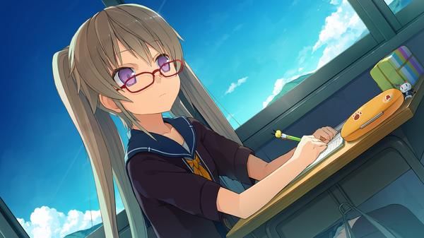 Anime picture 1280x720 with ao no kanata no four rhythm sprite (company) arisaka mashiro akinashi yuu single long hair fringe brown hair wide image sitting twintails purple eyes holding game cg sky cloud (clouds) classroom writing girl thighhighs