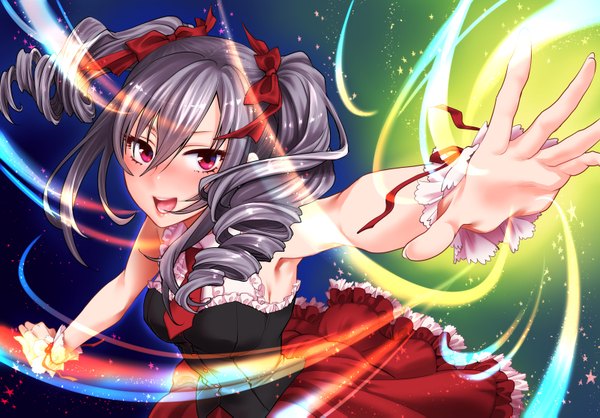Anime picture 1600x1115 with idolmaster idolmaster cinderella girls kanzaki ranko shoukaki (earthean) single long hair looking at viewer blush open mouth red eyes twintails grey hair drill hair girl dress bow hair bow frills