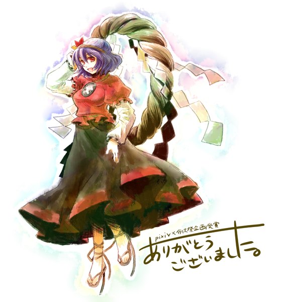 Anime picture 1600x1700 with touhou yasaka kanako socha single tall image short hair open mouth simple background red eyes white background signed purple hair hieroglyph thank you girl