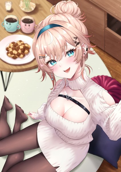 Anime picture 2894x4093 with virtual youtuber indie virtual youtuber natsuki tsubame mary is mine single tall image blush fringe highres short hair breasts open mouth blue eyes light erotic blonde hair hair between eyes sitting bare shoulders cleavage indoors