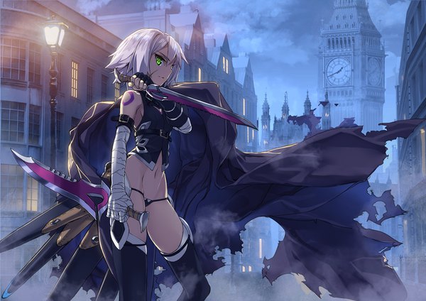 Anime picture 1024x724 with fate (series) fate/apocrypha jack the ripper (fate/apocrypha) yahako single short hair light erotic smile holding green eyes looking away silver hair cloud (clouds) outdoors profile wind night tattoo zettai ryouiki night sky