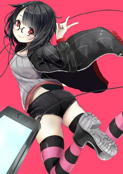 Anime picture 800x1132 with original reio reio single tall image fringe short hair breasts black hair simple background smile red eyes looking back open clothes open jacket zettai ryouiki pink background jumping girl thighhighs glasses