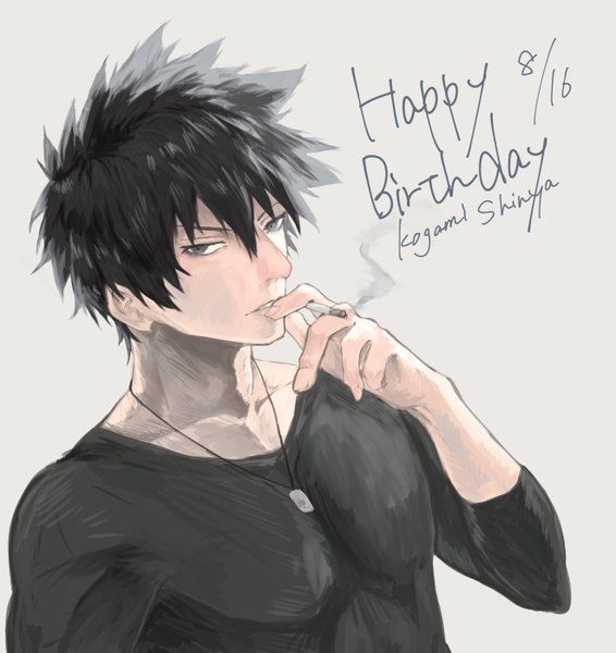Anime picture 2640x2797 with psycho-pass production i.g kougami shin'ya yokuni (yokunill001121) single tall image looking at viewer fringe highres short hair black hair simple background hair between eyes upper body black eyes grey background character names dated smoke happy birthday