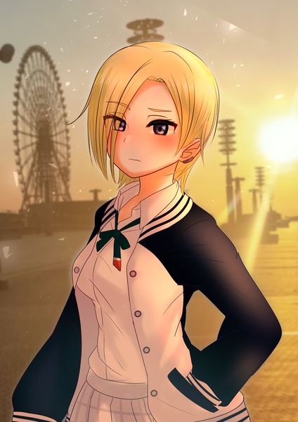 Anime picture 2894x4093 with love live! nijigasaki high school idol club sunrise (studio) love live! mia taylor yunite68 single tall image looking at viewer blush fringe highres short hair breasts blonde hair standing purple eyes sky sunlight hair over one eye open jacket