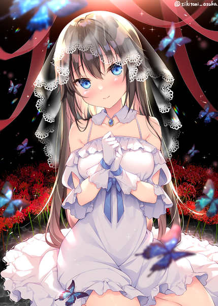Anime picture 640x895 with original shikitani asuka single long hair tall image looking at viewer blush fringe breasts blue eyes black hair smile hair between eyes sitting bare shoulders signed head tilt multicolored hair blurry sparkle
