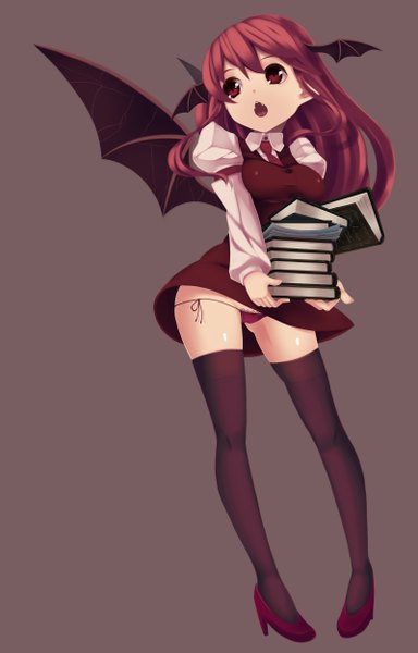 Anime picture 1600x2500 with touhou koakuma cutting (mkjtl) single long hair tall image fringe open mouth light erotic simple background red eyes holding looking away red hair teeth fang (fangs) puffy sleeves legs head wings bat wings