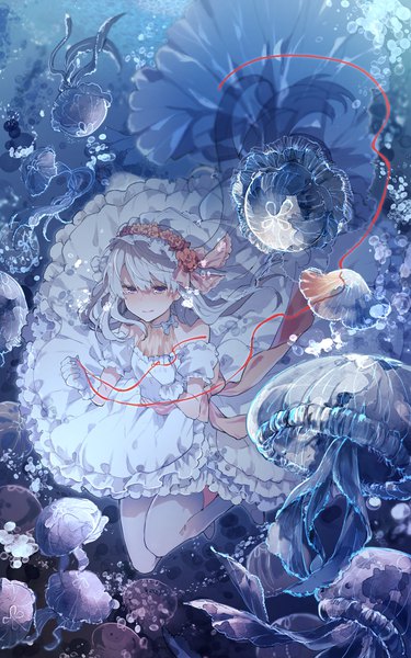 Anime picture 1400x2240 with original ikeuchi tanuma single long hair tall image looking at viewer fringe hair between eyes purple eyes bare shoulders holding full body bent knee (knees) white hair tears underwater frilled dress girl thighhighs dress