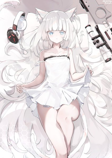 Anime picture 1736x2456 with girls frontline awp (girls frontline) (nekoya (liu)) nekoya (liu) single tall image looking at viewer fringe highres blue eyes light erotic signed animal ears bent knee (knees) white hair tail lying blunt bangs very long hair animal tail from above