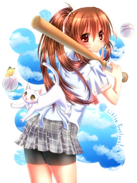 Anime picture 2597x3465 with little busters! key (studio) natsume rin touki matsuri single long hair tall image looking at viewer blush fringe highres open mouth brown hair brown eyes yellow eyes cloud (clouds) ponytail :d looking back inscription
