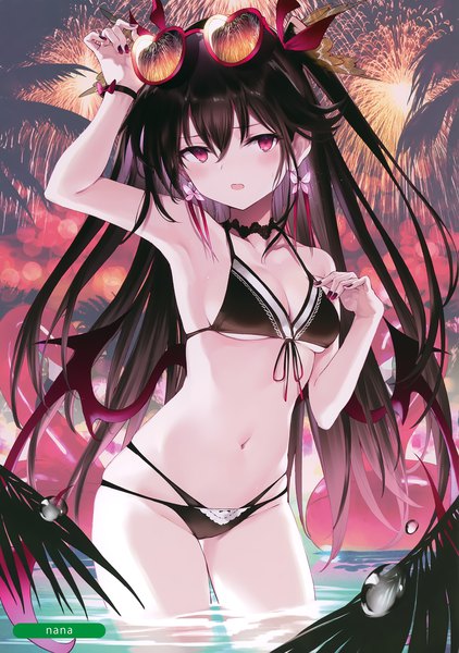 Anime picture 2840x4033 with melonbooks nanananana single long hair tall image looking at viewer blush fringe highres breasts open mouth light erotic black hair hair between eyes standing signed sky cleavage outdoors nail polish