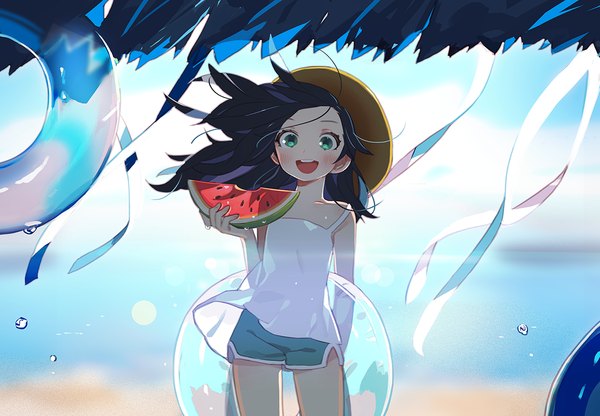 Anime picture 1215x844 with original gwayo single long hair looking at viewer blush open mouth black hair smile standing bare shoulders holding green eyes sky cloud (clouds) outdoors :d wind sunlight blurry